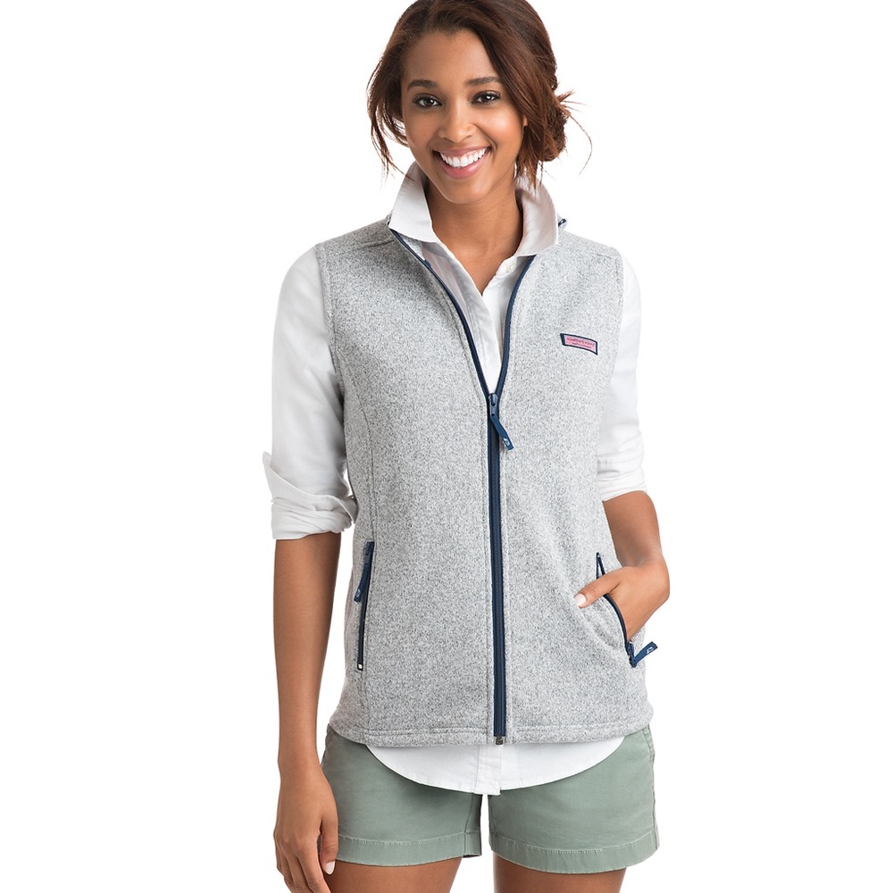 Vineyard Vines Fleece Vest Jacket Logo Gray Full Zip Pockets Womens Size Small